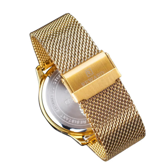 relógio masculino reward vip dourado - vista da pulseira e caixa.