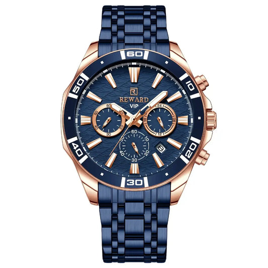 Relógio masculino REWARD VIP azul com detalhes em dourado rosé, cronógrafo sofisticado e pulseira de aço premium.