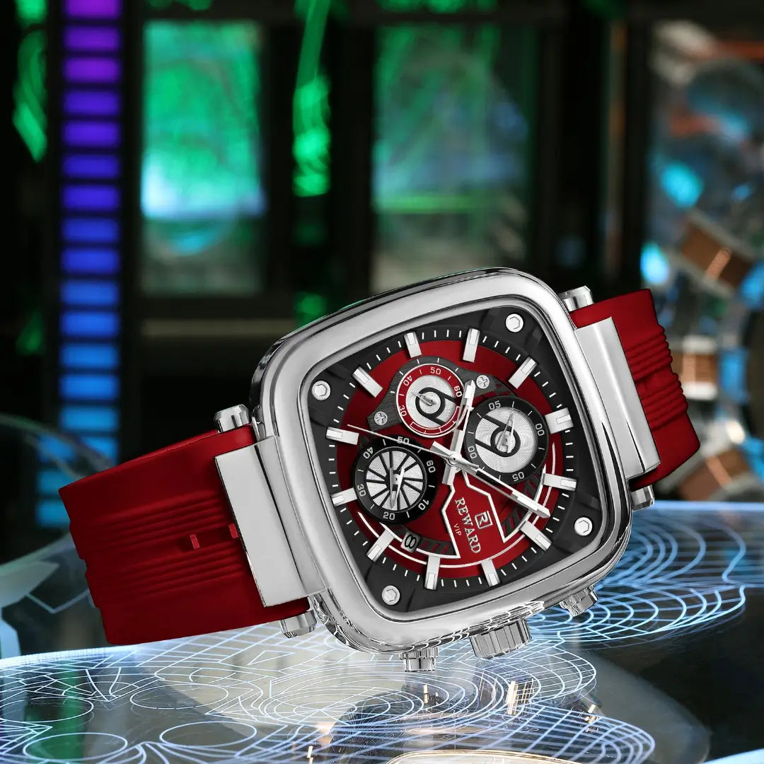 Relógio masculino Vermelho Reward VIP Monaco com movimento quartzo e cristal mineral