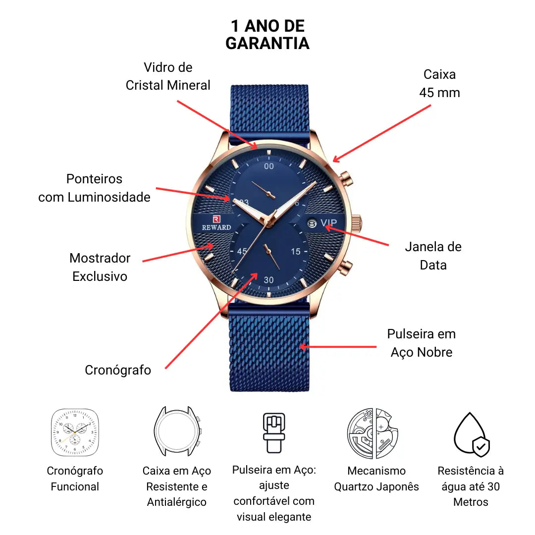 Relógio Minimalista Masculino Azul Linéar 45 mm