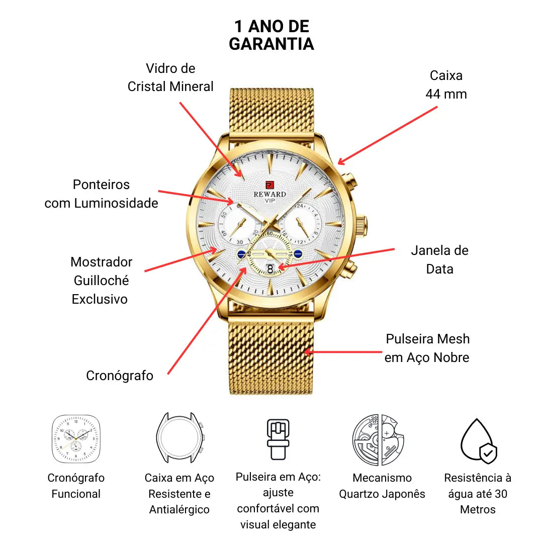 Relógio Dourado Masculino Reward VIP Linéar 44 mm