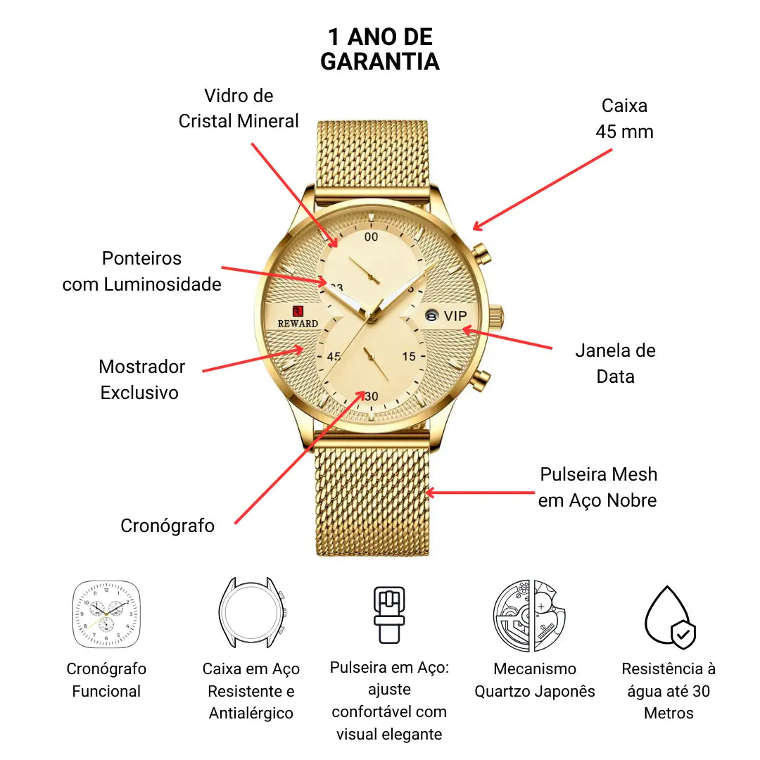 Relógio Minimalista Masculino Dourado Linéar 45 mm