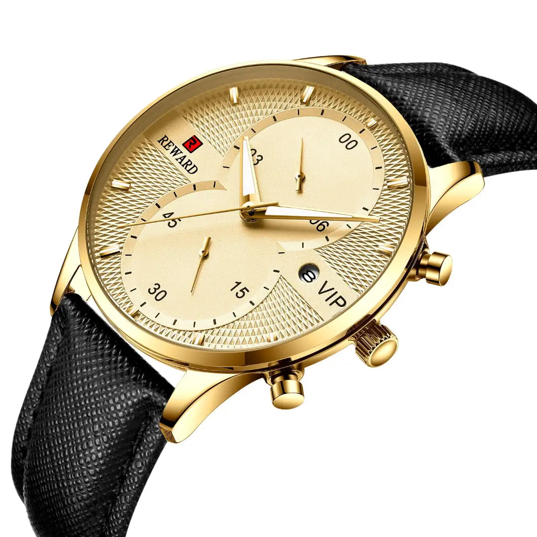 Relógio minimalista masculino dourado com design social e pulseira em couro genuíno visto do mostrador
