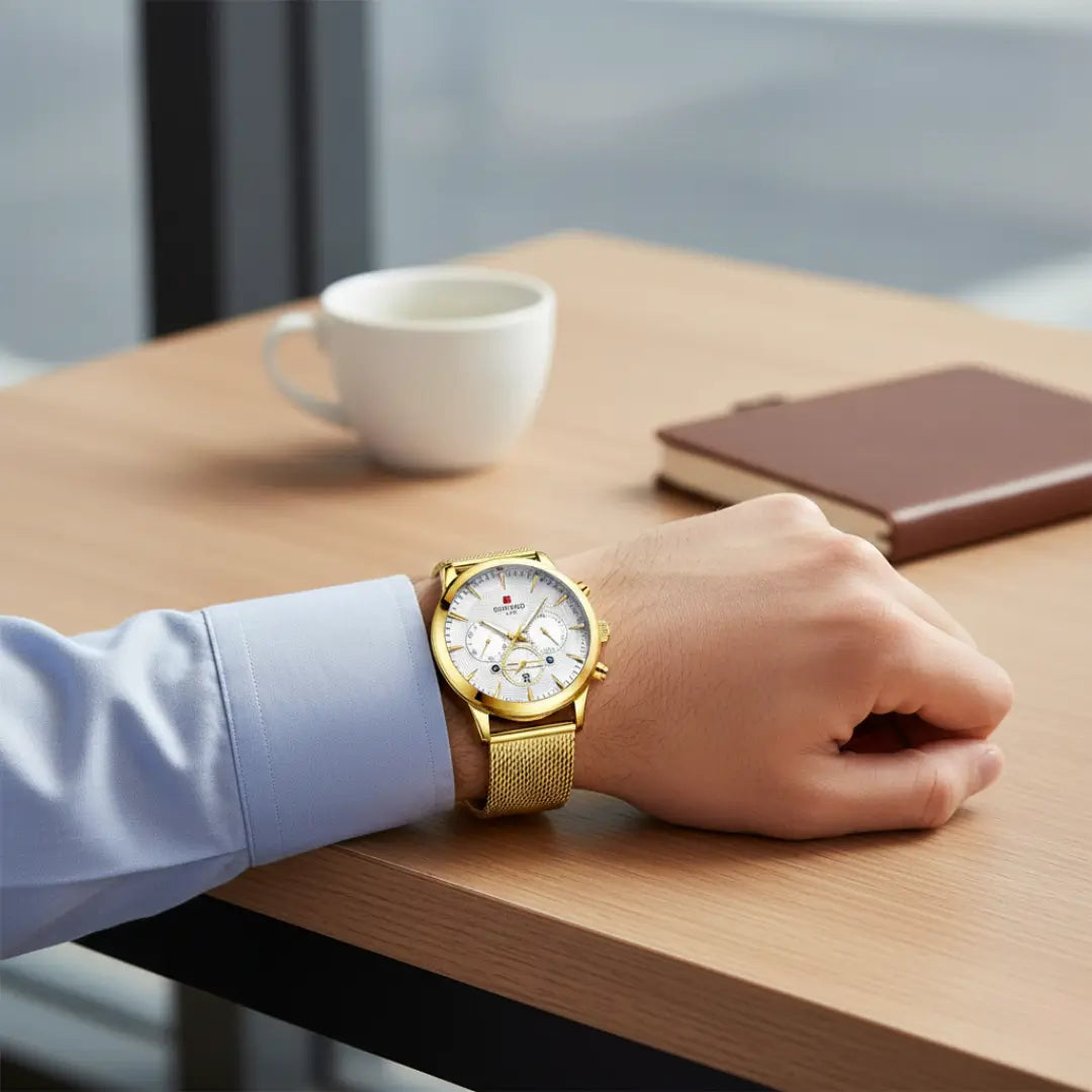 Relógio minimalista masculino Linéar dourado 44 mm em ambiente de café, destacando uso cotidiano