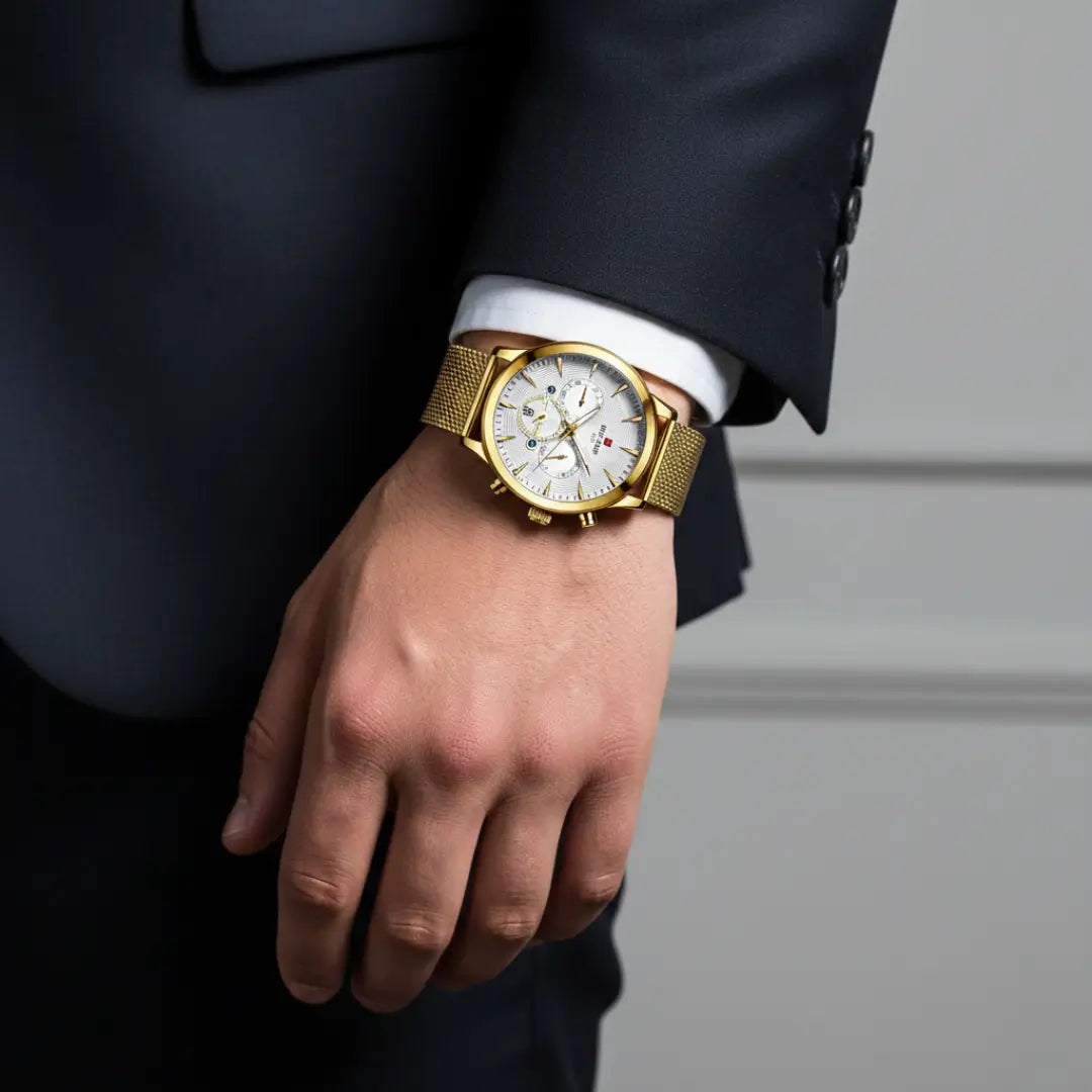 Relógio minimalista masculino Linéar dourado 44 mm no pulso, demonstrando proporção e uso diário