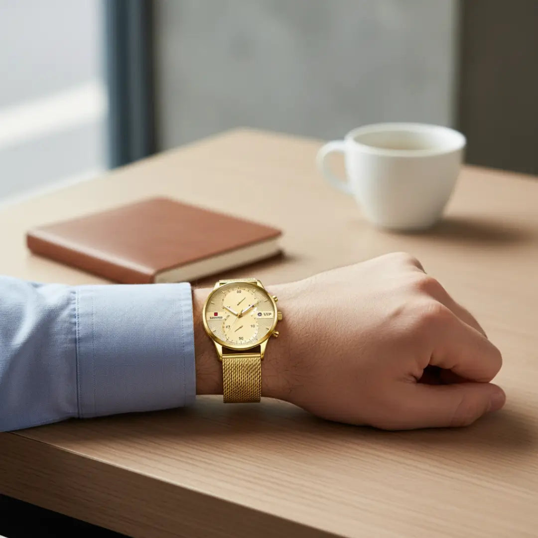 Relógio minimalista masculino Linéar dourado 45 mm em ambiente de café, destacando uso no dia a dia