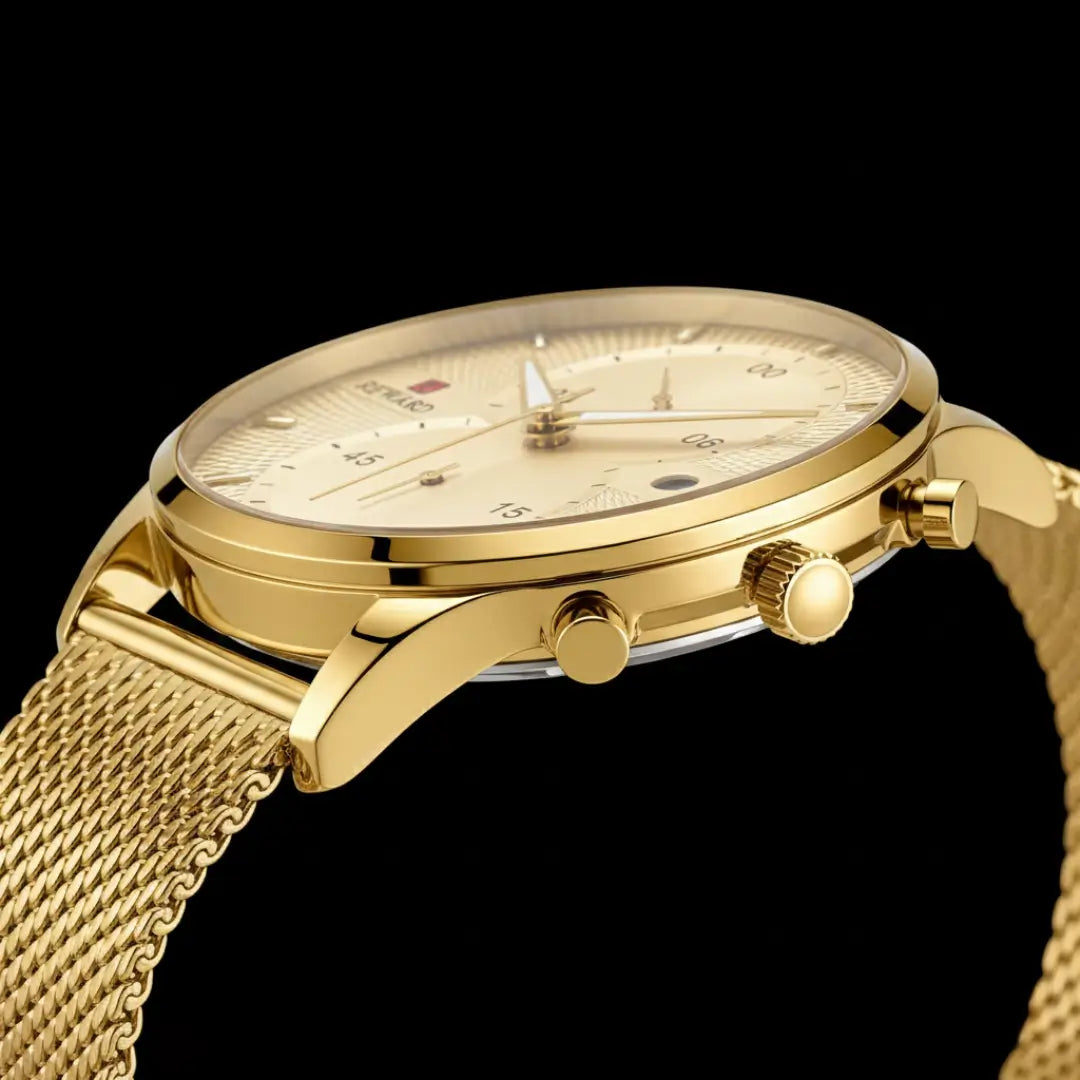 Detalhe do cristal do relógio minimalista masculino Linéar dourado 45 mm