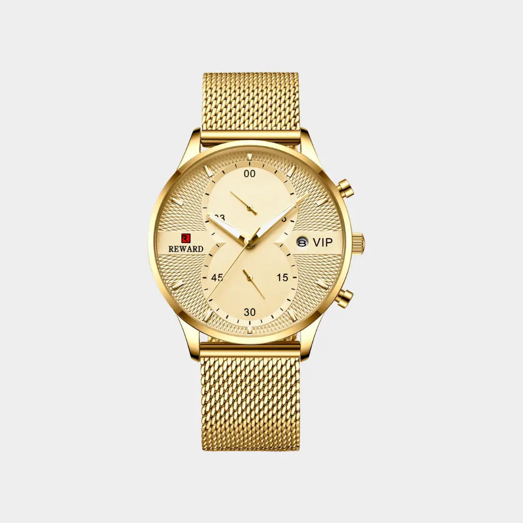 Relógio minimalista masculino Linéar dourado 45 mm com pulseira mesh em aço visto de frente