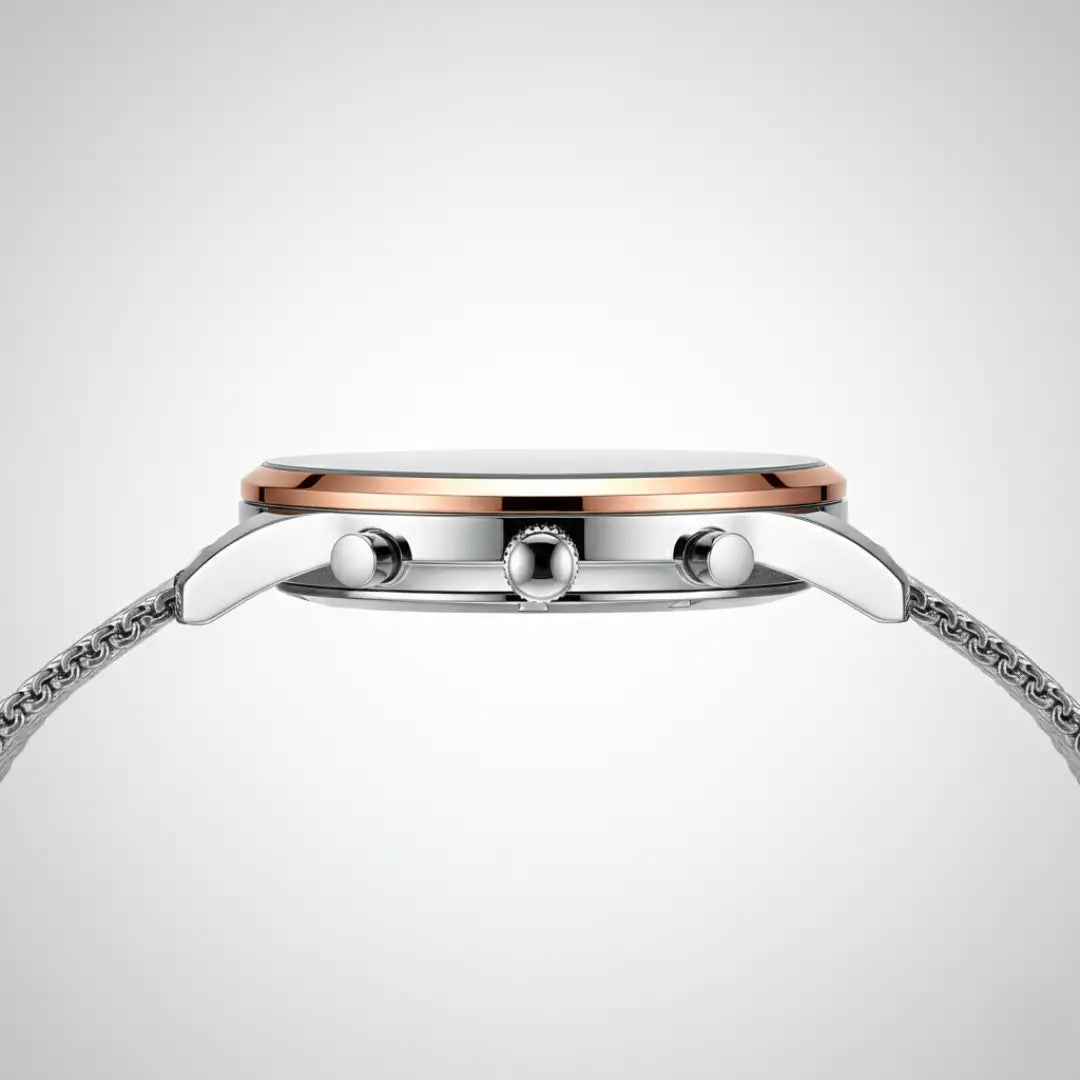 Vista lateral da caixa do relógio minimalista masculino Linéar prata 45 mm com fundo clean