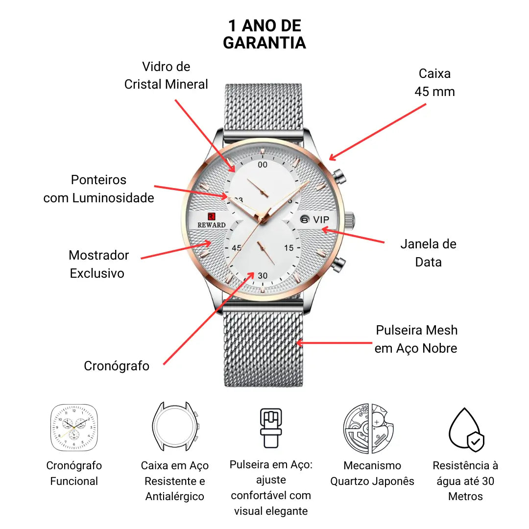 Relógio Minimalista Masculino Prata Linéar 45 mm