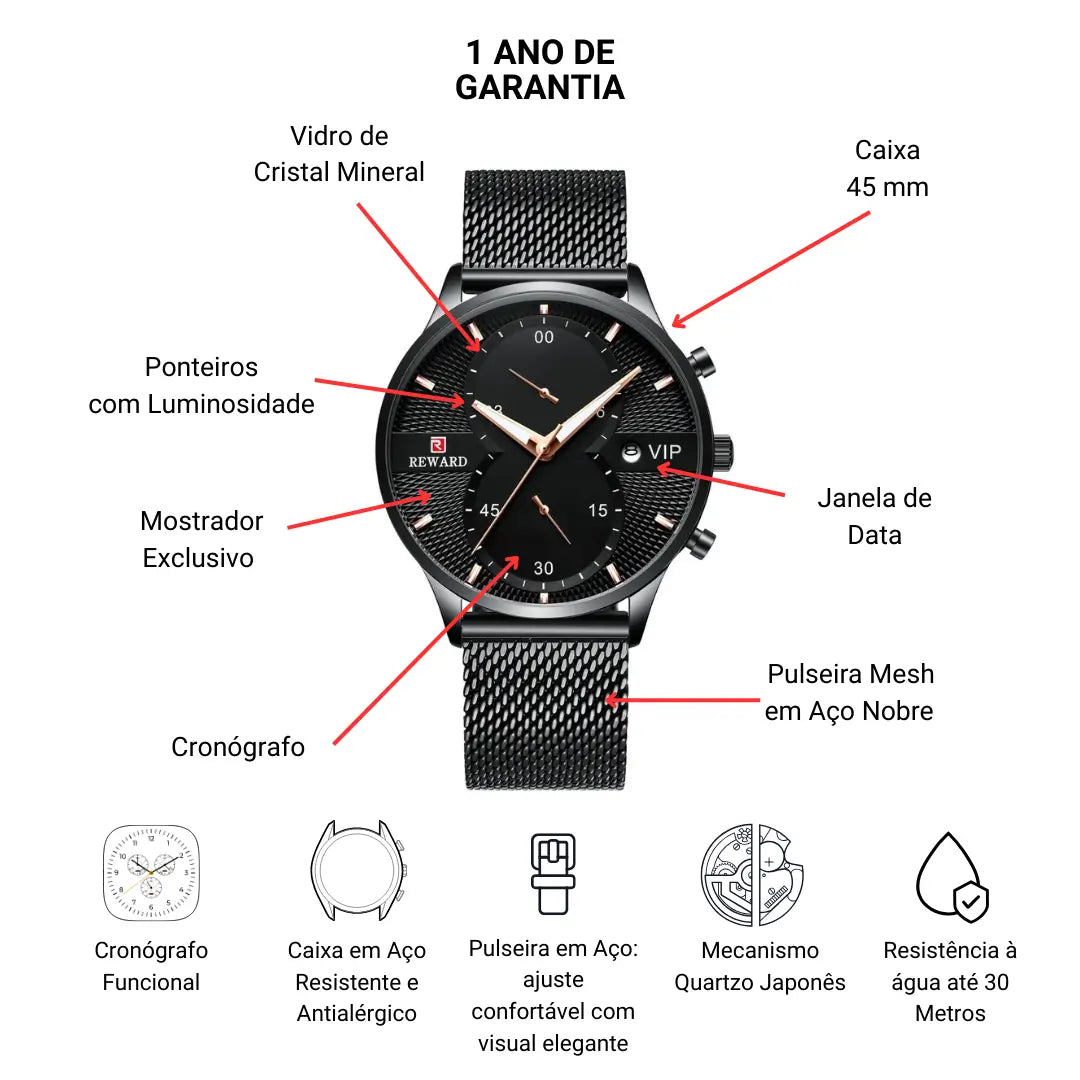 Relógio Minimalista Masculino Preto Linéar 45 mm