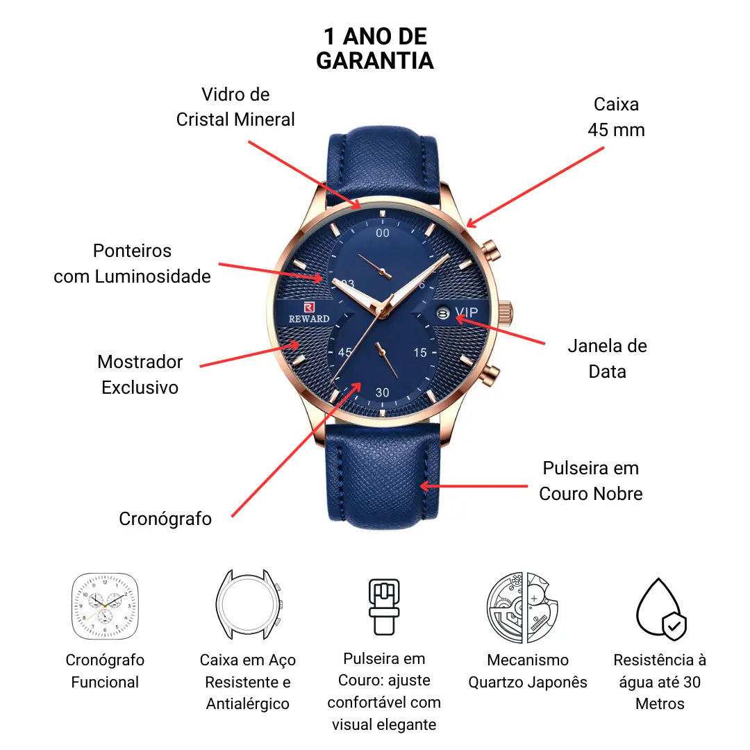 Relógio Minimalista Masculino Pulseira de Couro Azul Linéar 45 mm