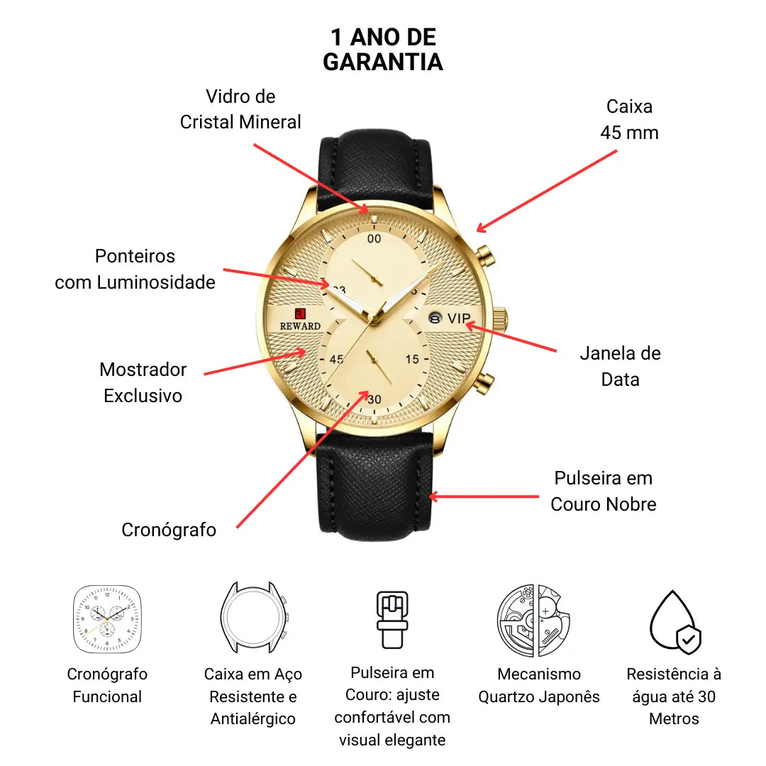 Relógio Minimalista Masculino Dourado Pulseira de Couro Línear 45 mm