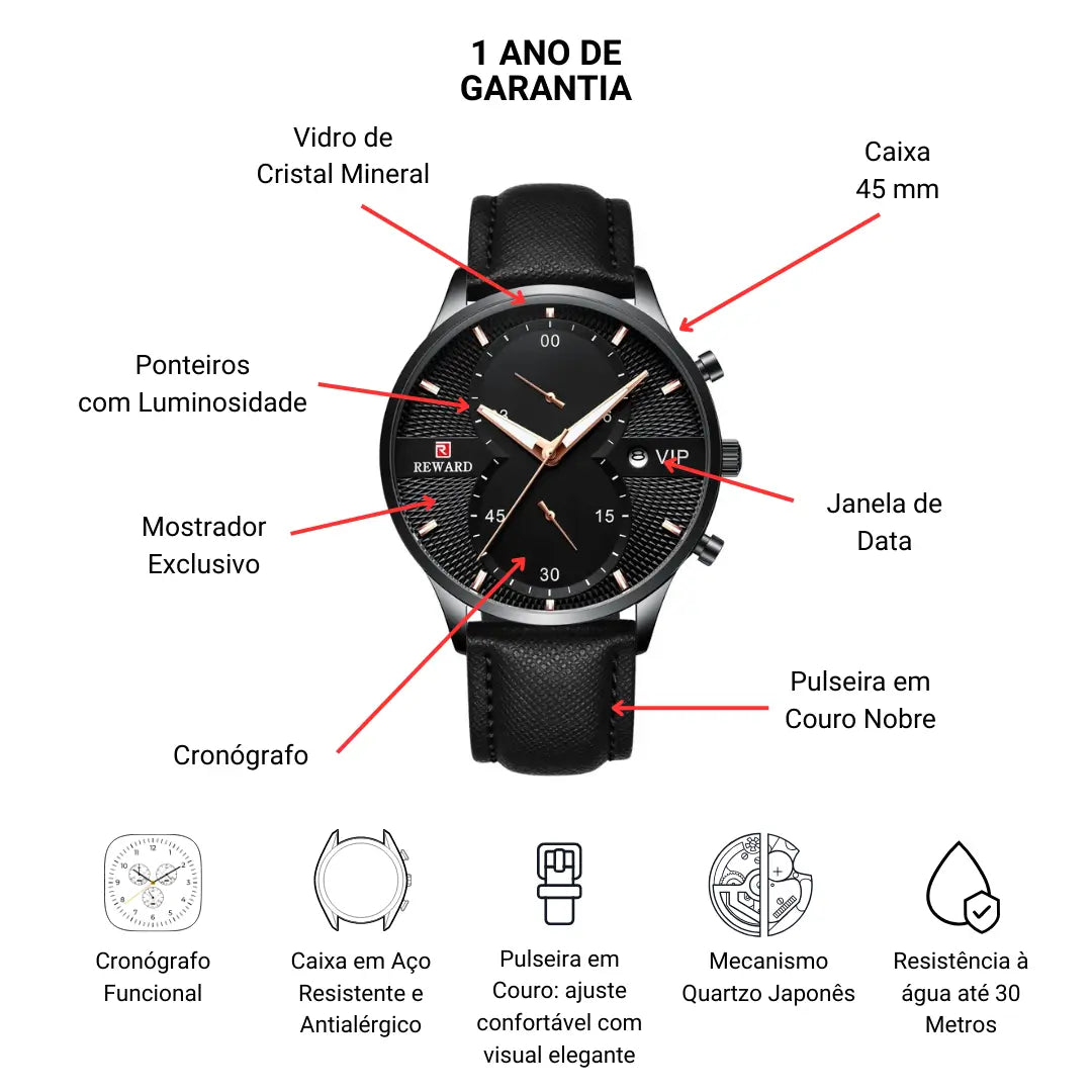 Relógio Minimalista Masculino Pulseira de Couro Preto Linéar 45 mm