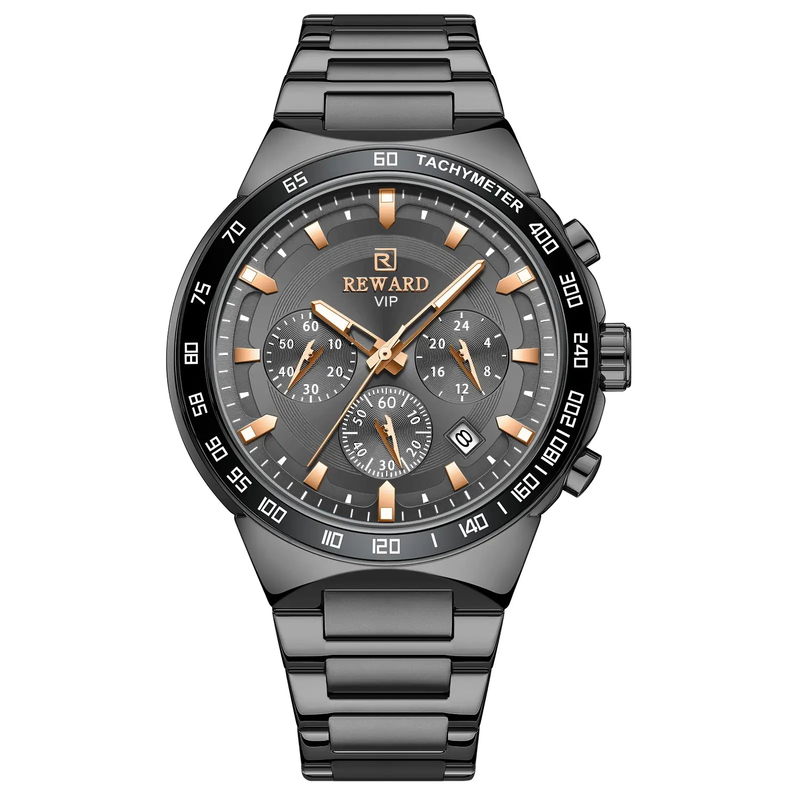 Imagem frontal do relógio masculino preto Reward VIP Magnus, destacando o design moderno, mostrador elegante e acabamento sofisticado.