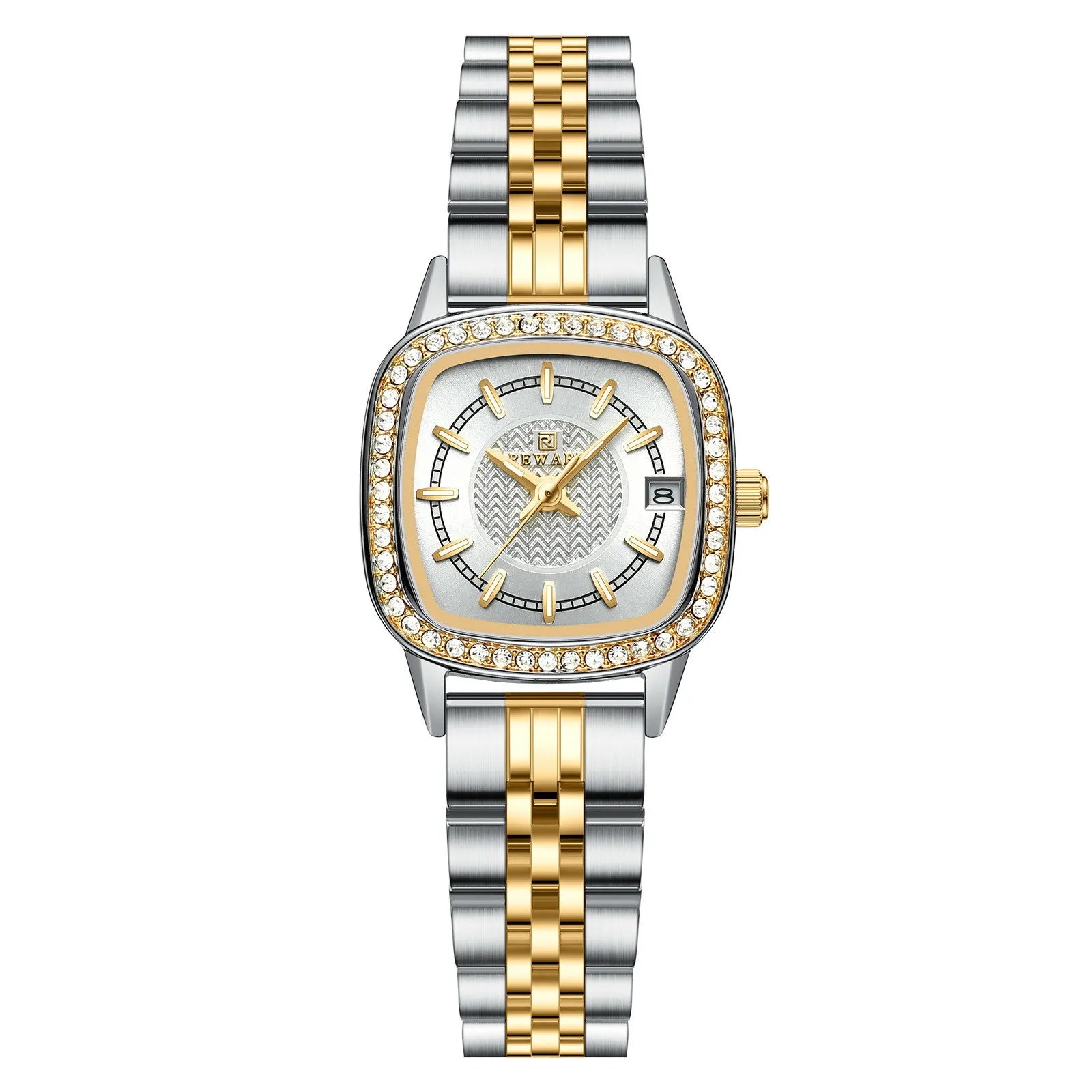 Relógio quadrado feminino pequeno prata com bisel e elo central da pulseira dourado visto de frente