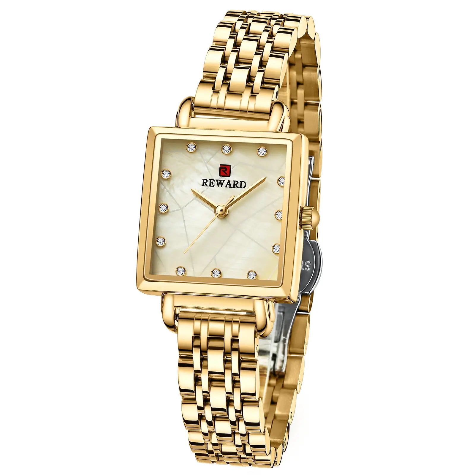 Relógio quadrado feminino pequeno dourado Reward VIP Élise visto da lateral