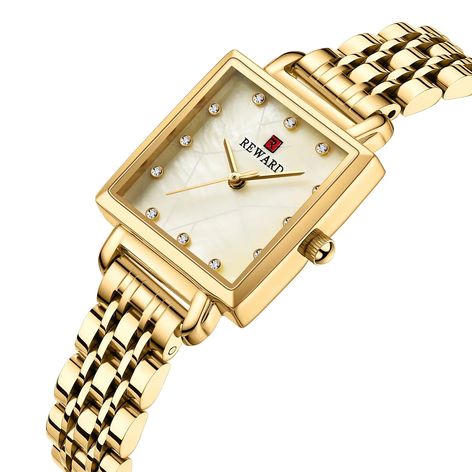Relógio quadrado feminino pequeno dourado Reward VIP Élise com close no mostrador dourado com pedras bilhantes incrustada