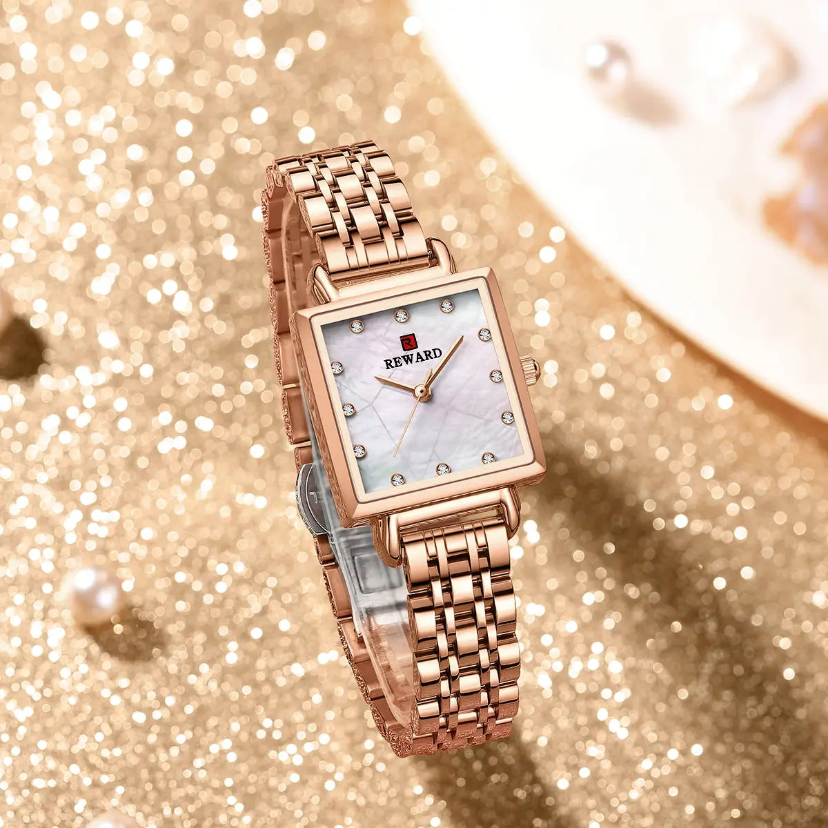 Relógio quadrado feminino pequeno ouro rosa Reward VIP Élise com vista completa de cima destacando seu design e cor