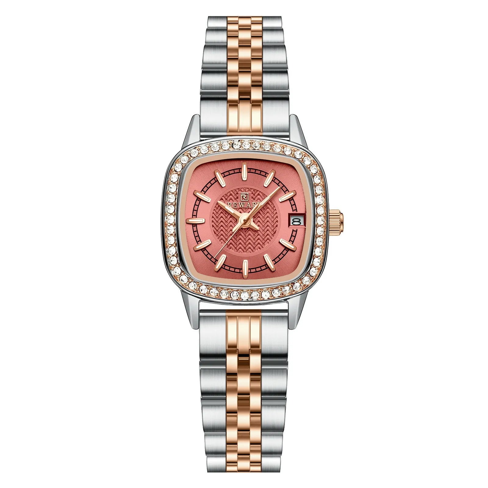 Relógio quadrado feminino pequeno prata com mostrador ouro rosa e pulseira em aço visto de frente