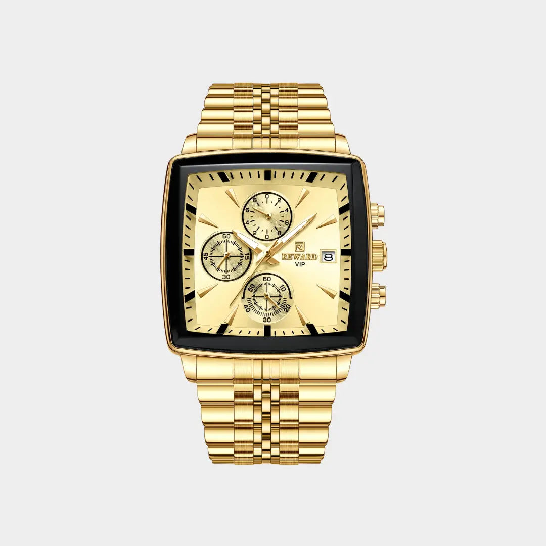 Relógio quadrado masculino dourado Monaco Chronograph 40mm com vista frontal