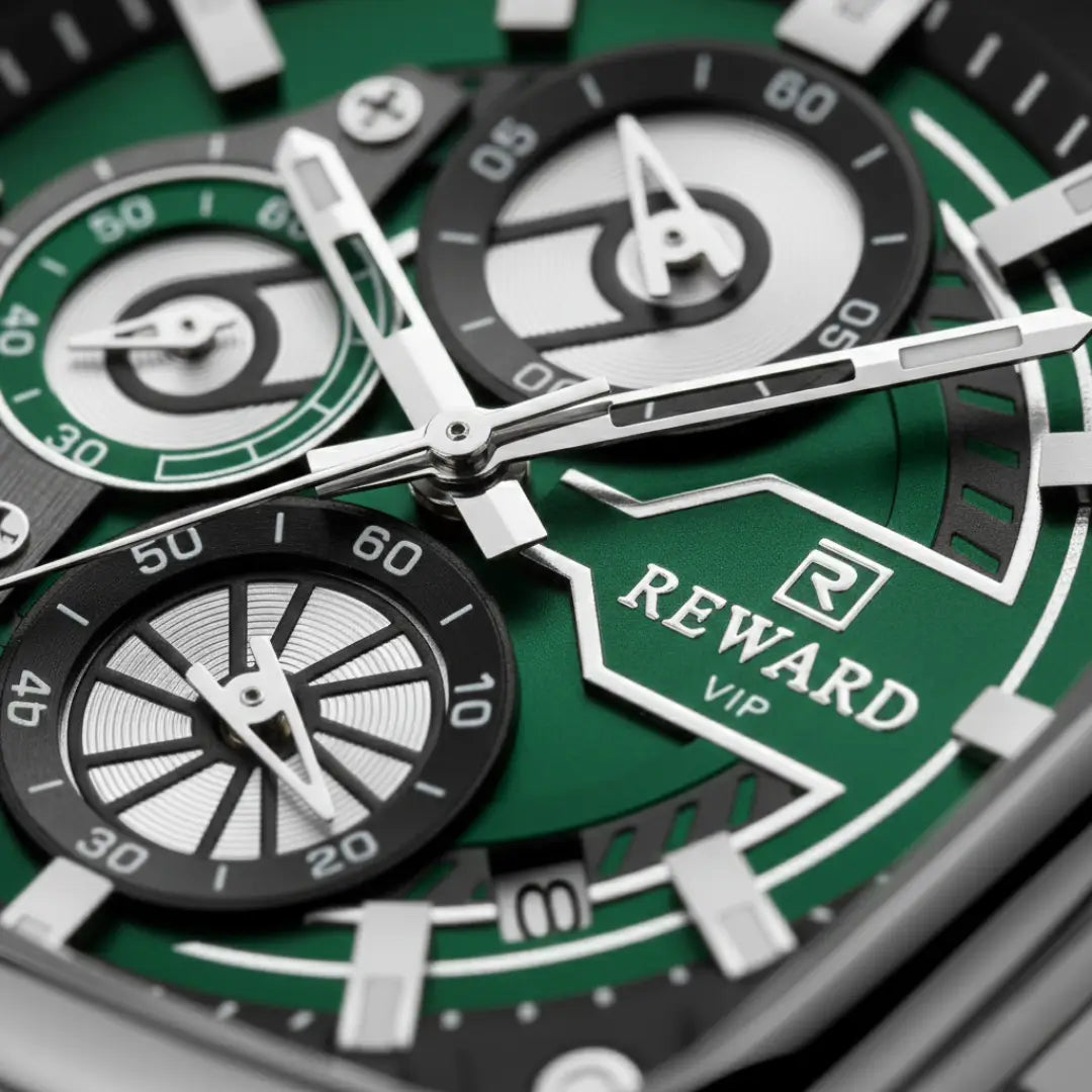 Relógio quadrado masculino esportivo Monaco 44mm com vista do mostrador verde