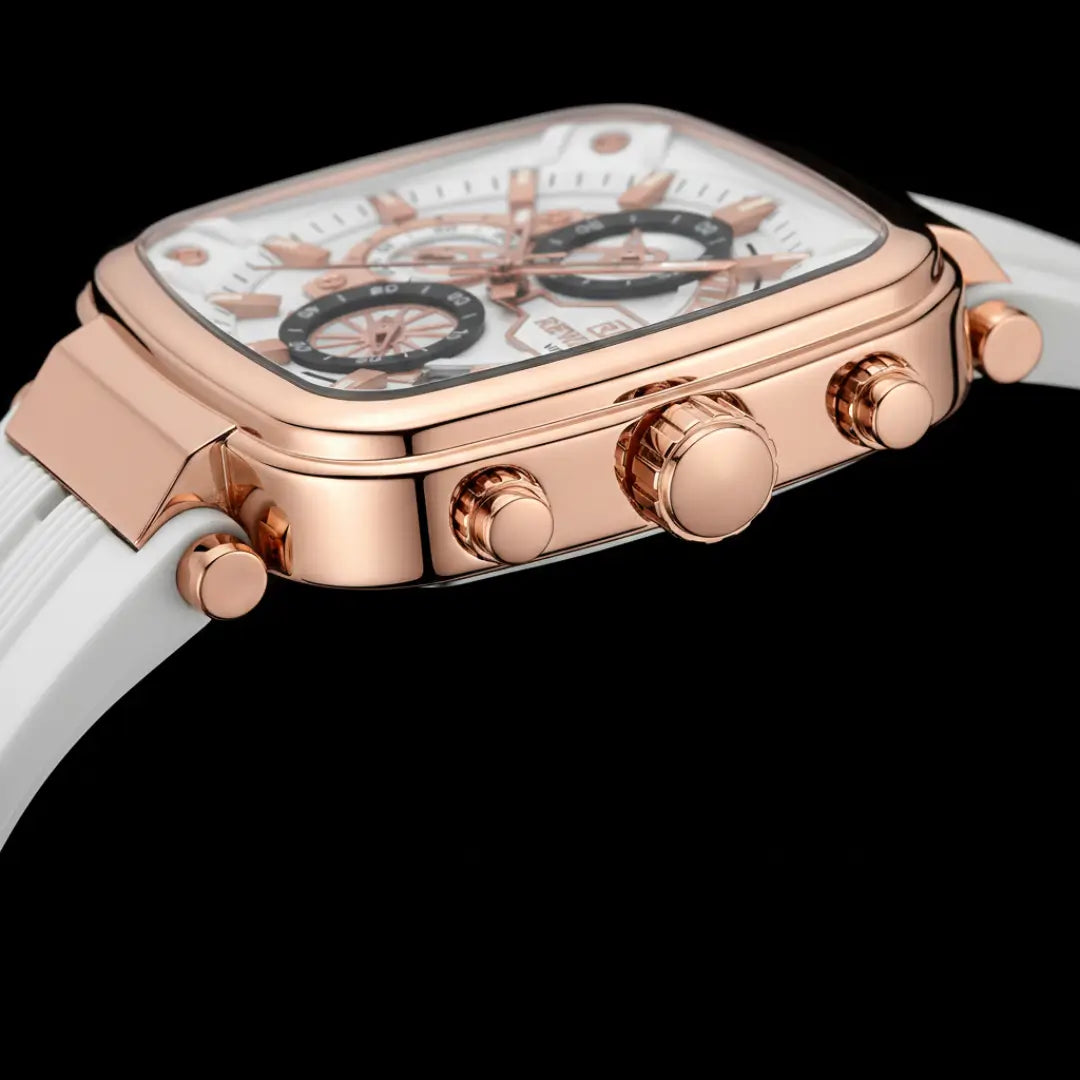 Relógio quadrado masculino esportivo Monaco 44mm com vista da coroa rose gold