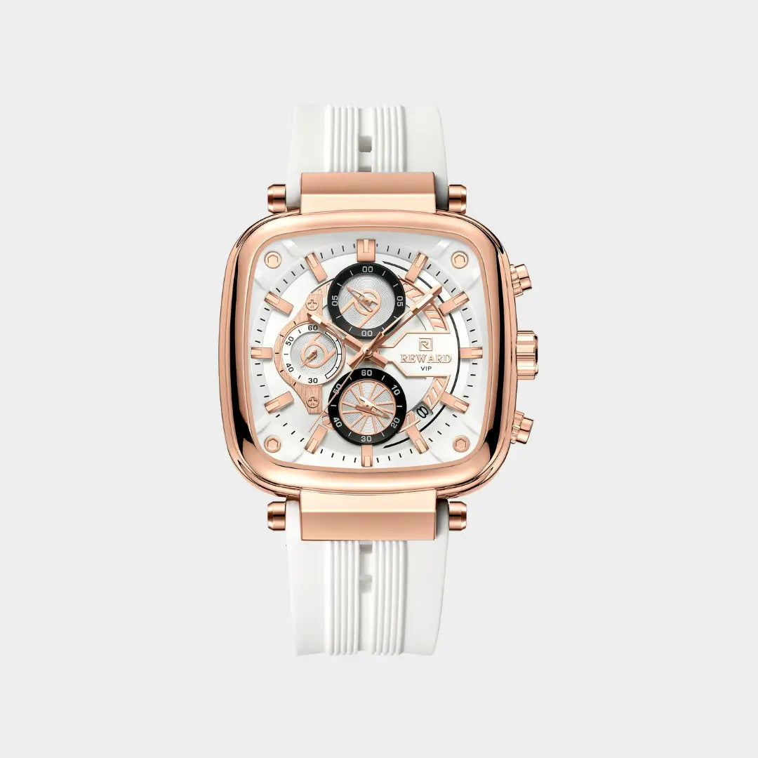 Relógio quadrado masculino esportivo Monaco 44mm com vista frontal do modelo