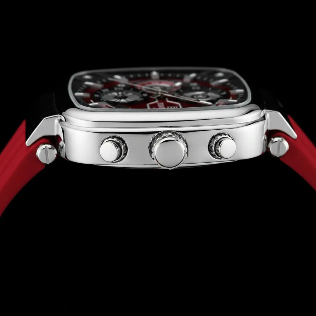 Relógio quadrado masculino esportivo Monaco 44mm com vista da coroa lateral