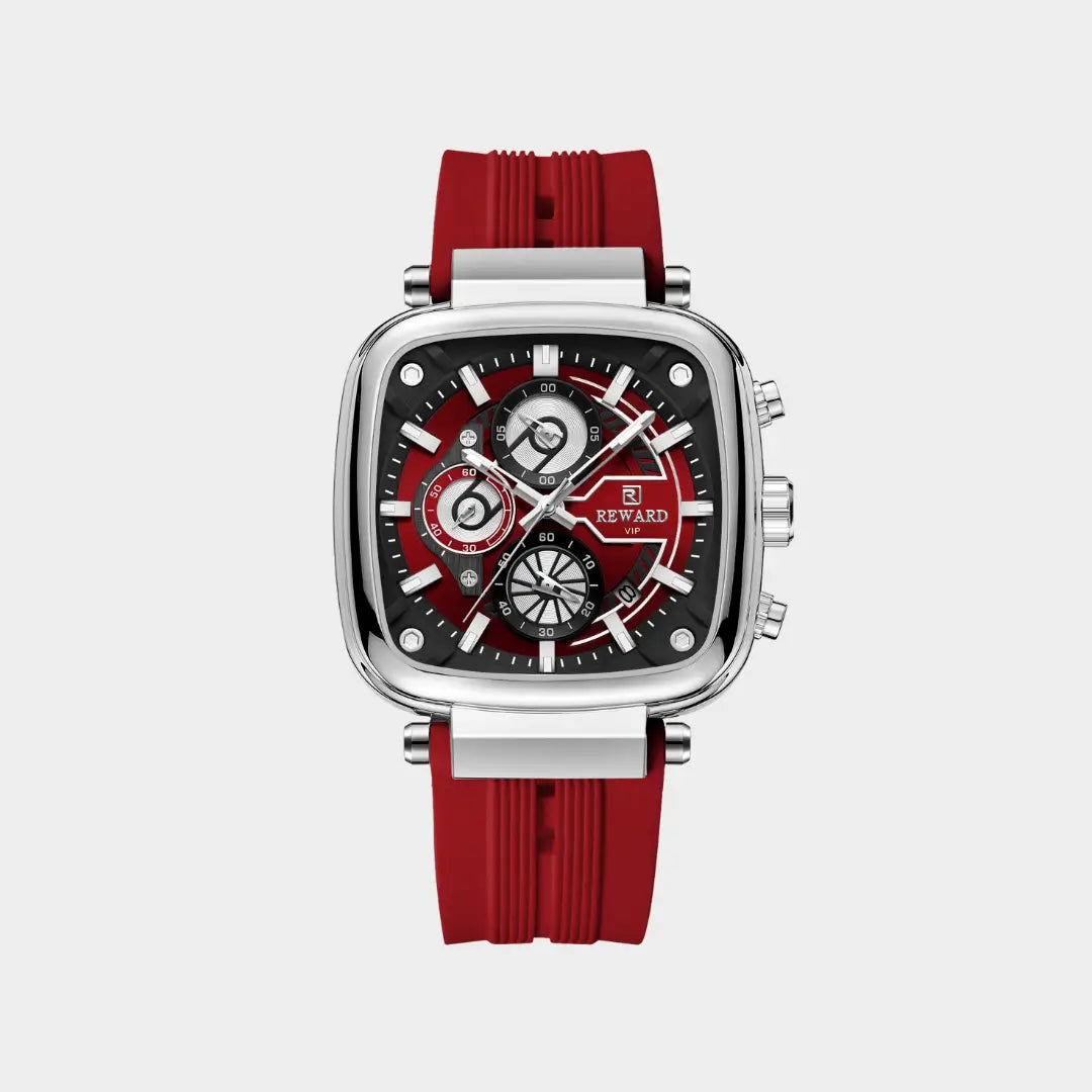Relógio quadrado masculino com design esportivo Monaco red com caixa de 44mm prata visto de frente