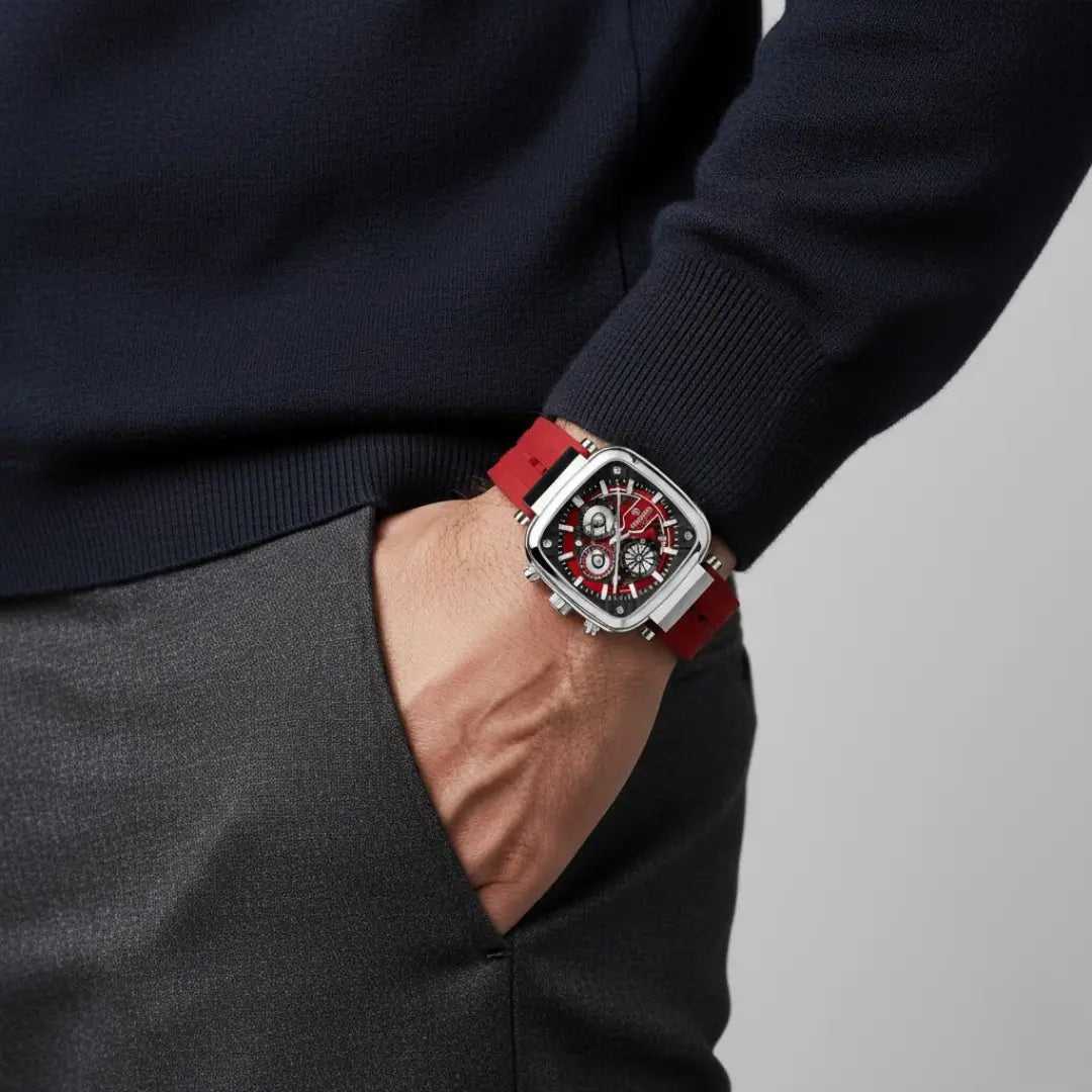 Relógio quadrado masculino esportivo Monaco vermelho 44mm sob o pulso