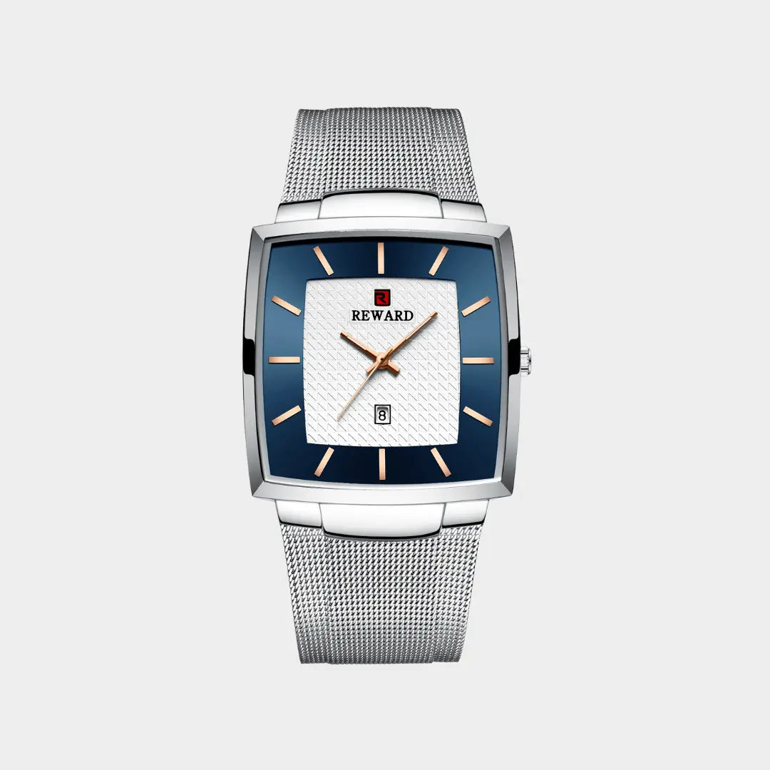 Relógio quadrado masculino social prata Monaco Date 37mm com vista frontal