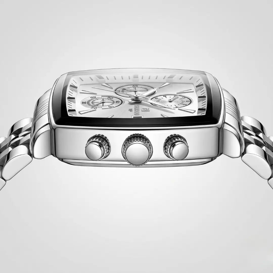 Relógio quadrado masculino prat Reward VIP Monaco Chronograph 40mm com vista da caixa na lateral