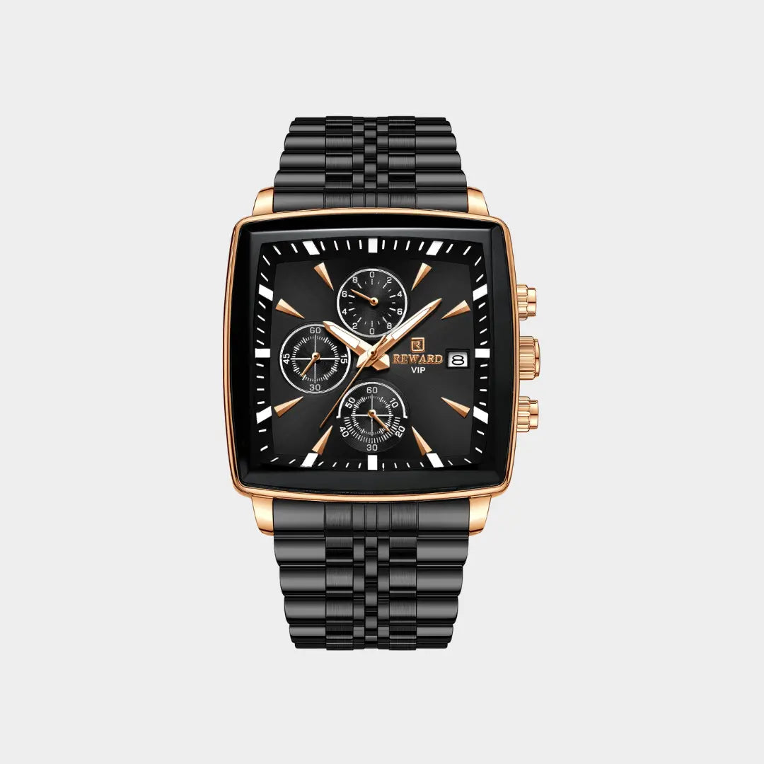 Relógio quadrado  masculino preto de perfil social Monaco Chronograph 40mm com vista frontal do modelo