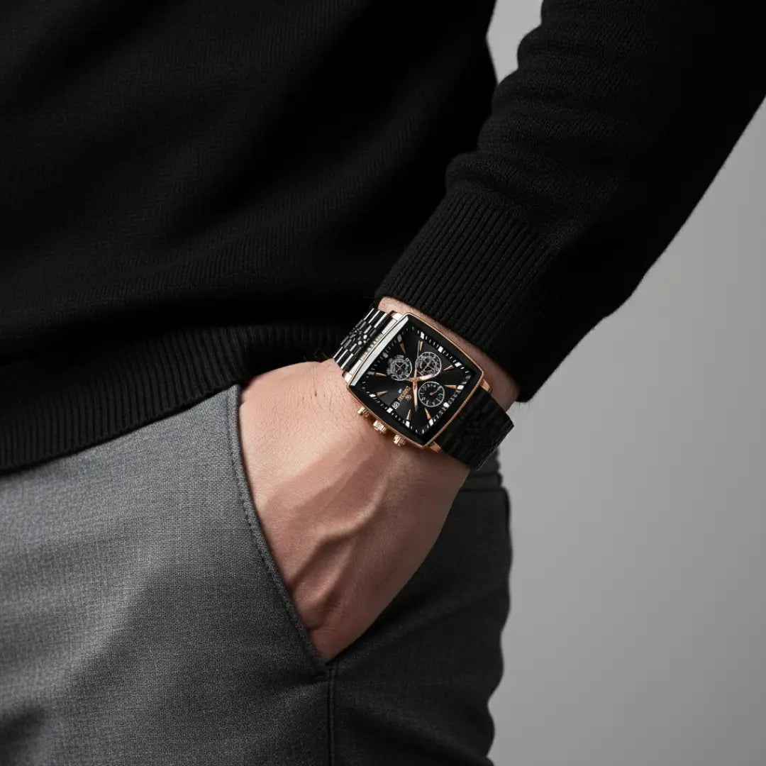 Relógio quadrado masculino preto de perfil social Monaco Chronograph visto sob o pulso