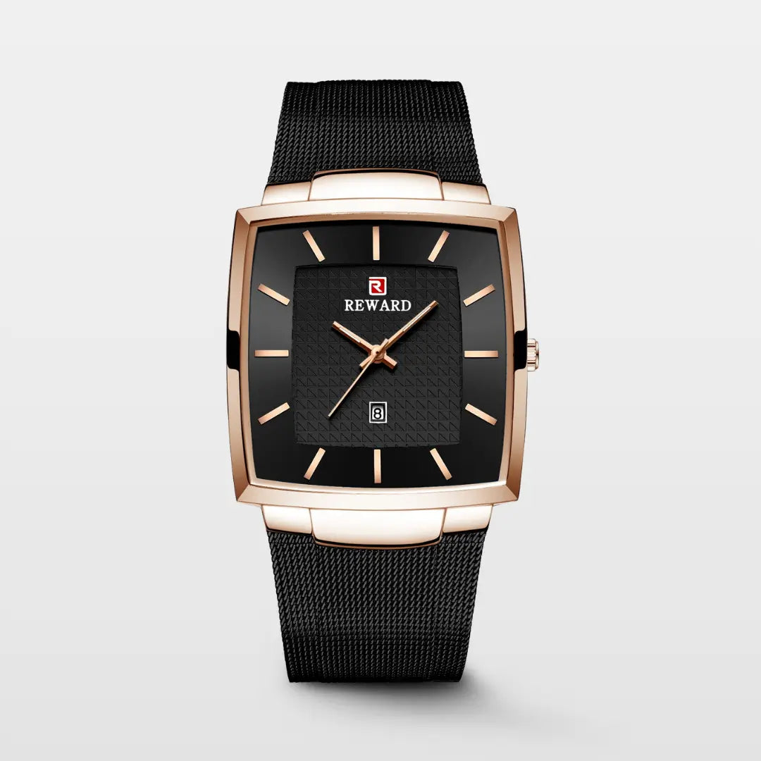 Relógio quadrado masculino preto com caixa rose gold Reward VIP Monaco Date 37mm com vista frontal