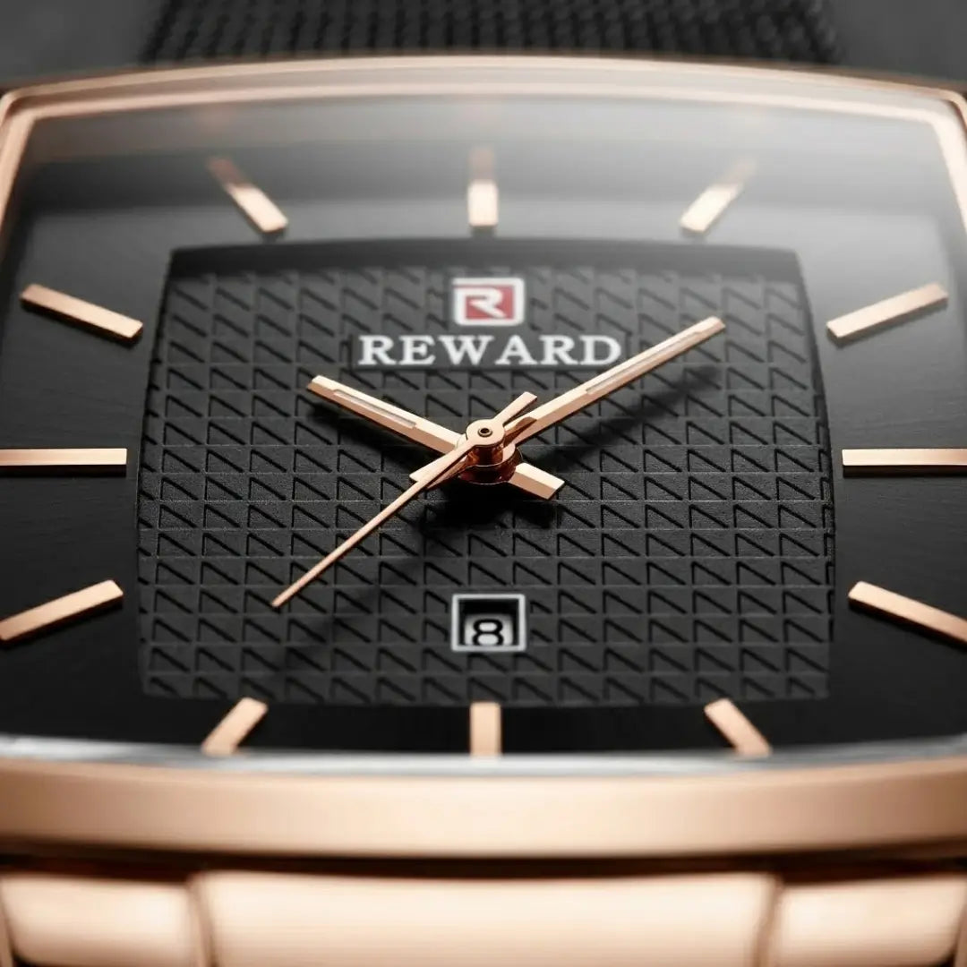 Relógio quadrado masculino preto com caixa rose gold Reward VIP Monaco Date 37mm com vista do mostrador