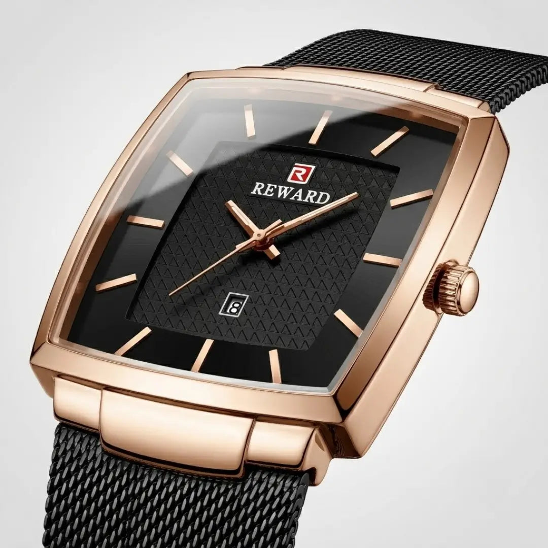 Relógio quadrado masculino preto com caixa rose gold Reward VIP Monaco Date 37mm com vista leve de perfil lateral