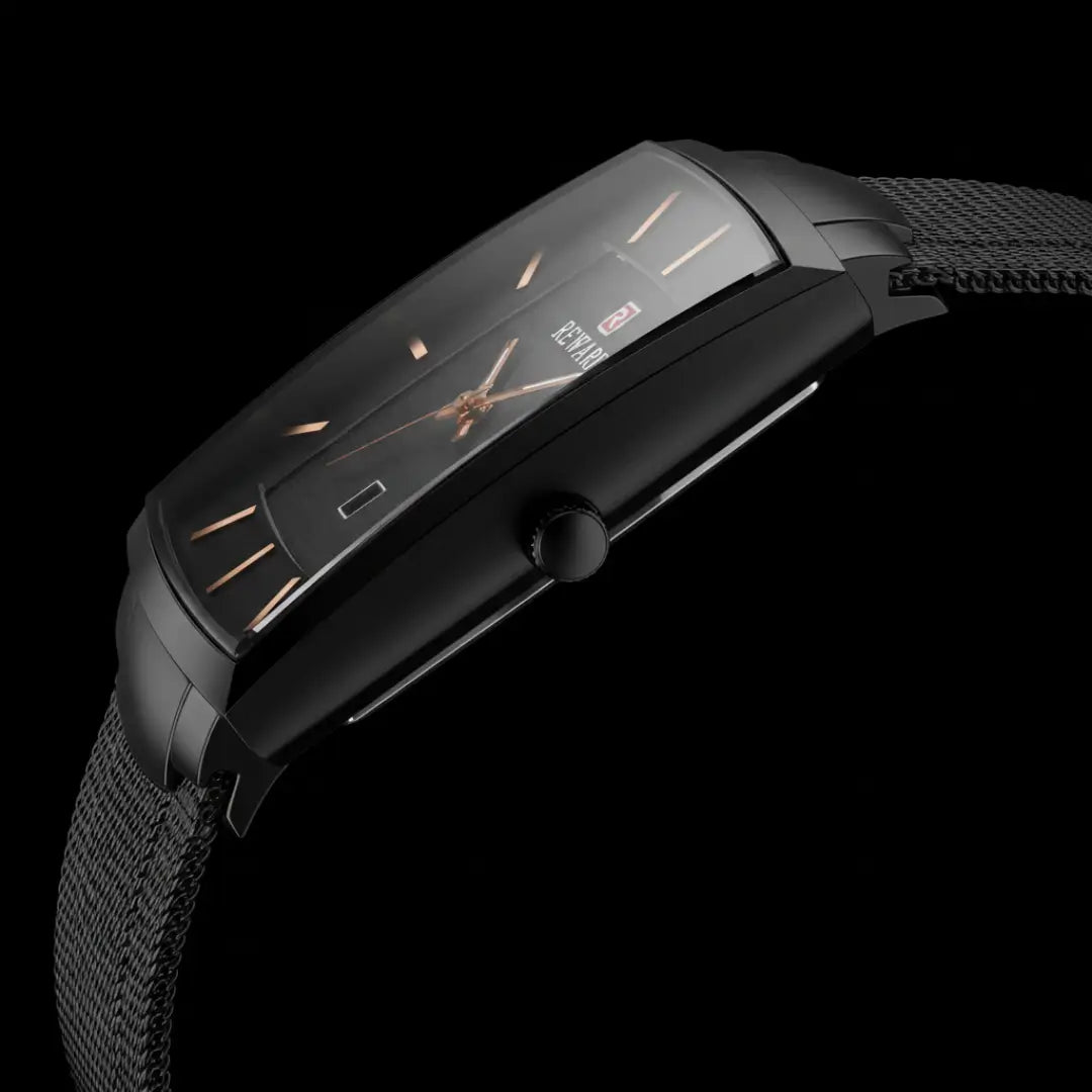 Relógio quadrado masculino preto social de perfil clássico e caixa Slim vista da lateral