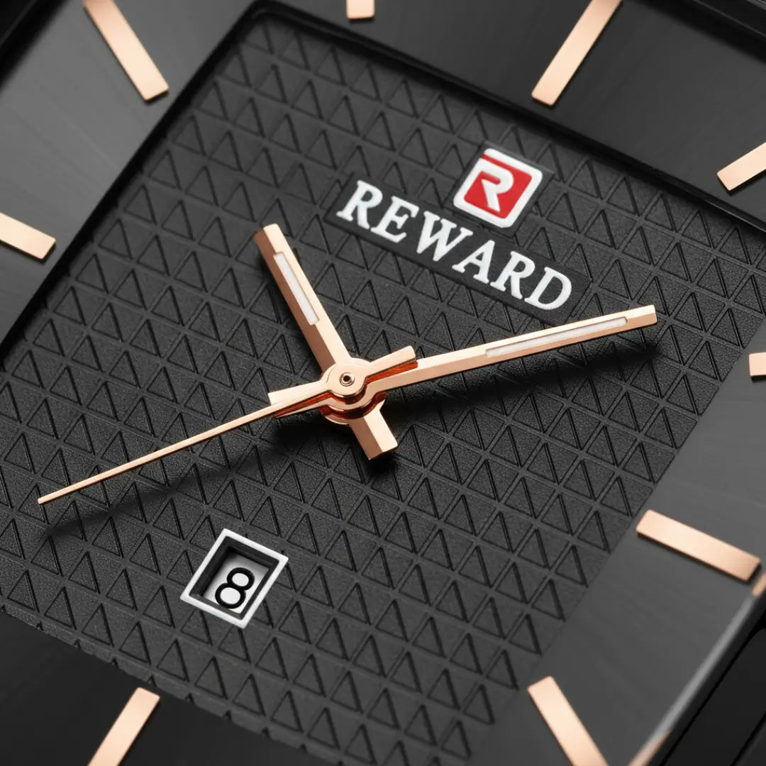 Relógio quadrado masculino preto social Monaco Date com perfil clássico vista do mostrador preto e ponteiros rose gold