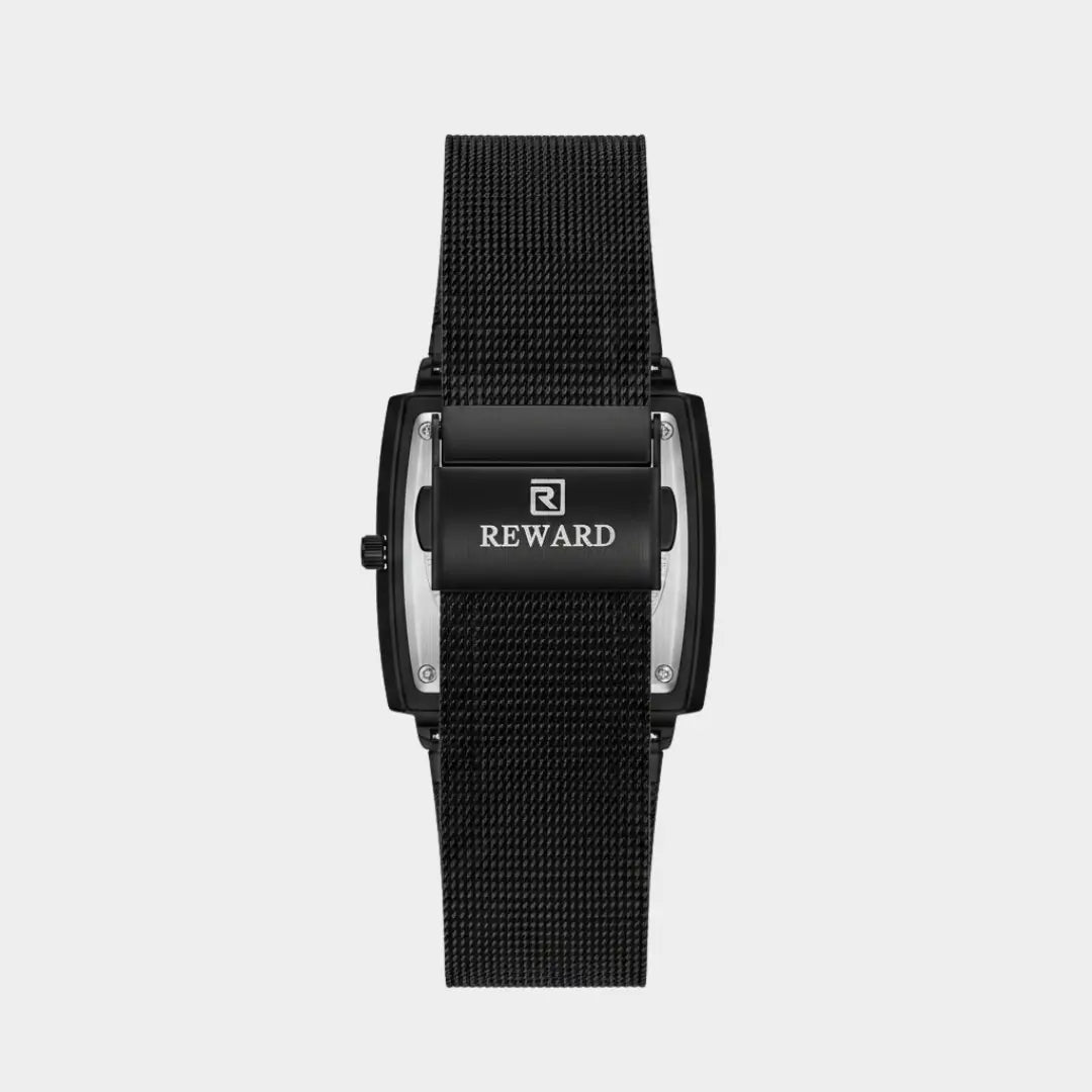 Relógio quadrado masculino preto social Monaco Date com vista da pulseira mesh e fecho deslizante