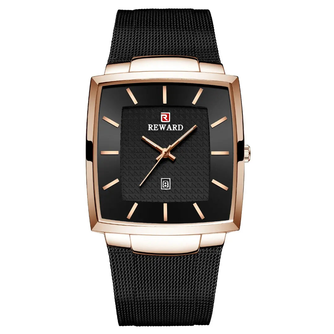 Relógio quadrado masculino estilo social minimalista Monaco Date Bicolor visto de frente