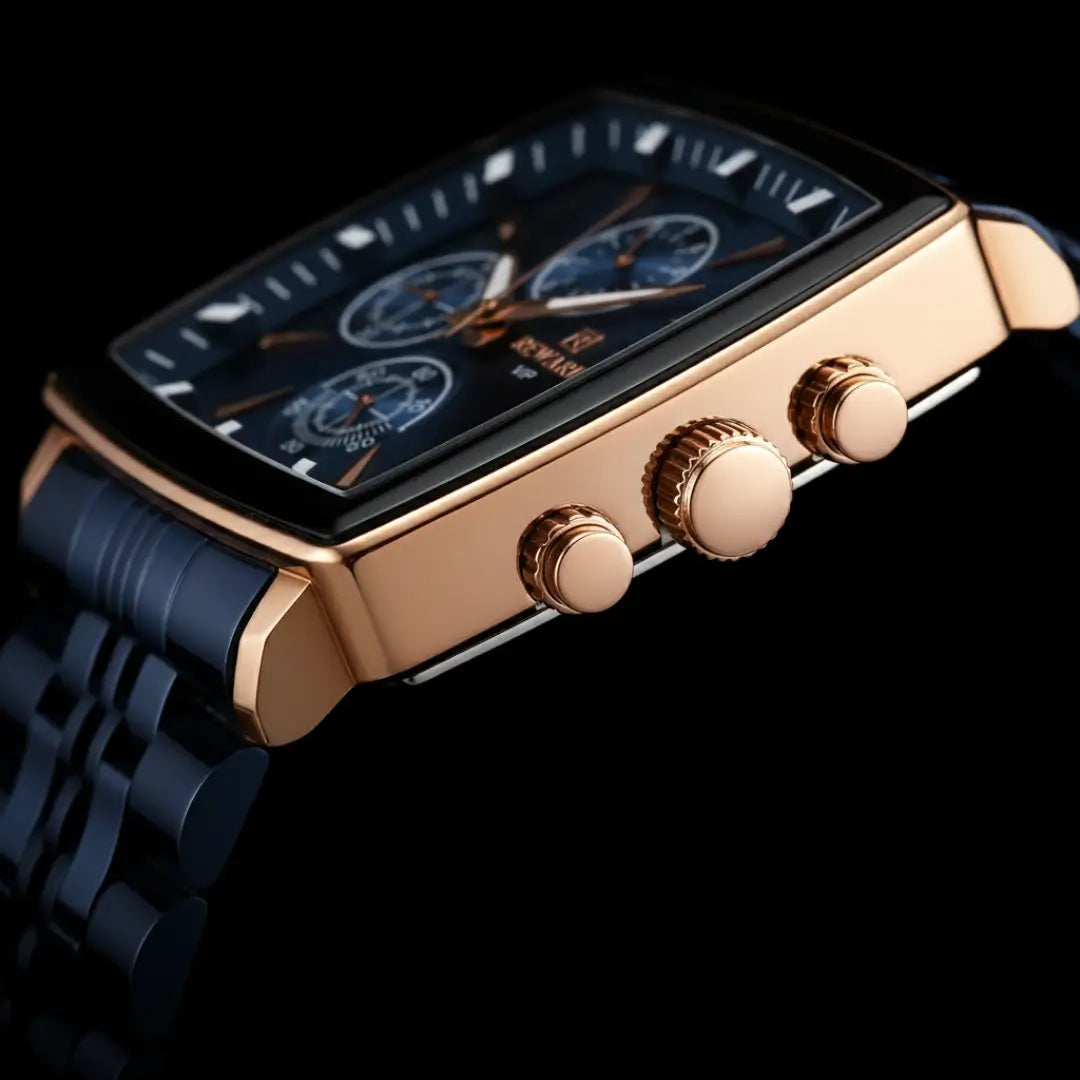 Relógio quadrado masculino de perfil social Monaco 40mm com vista da coroa rose gold e mostrador em relevo