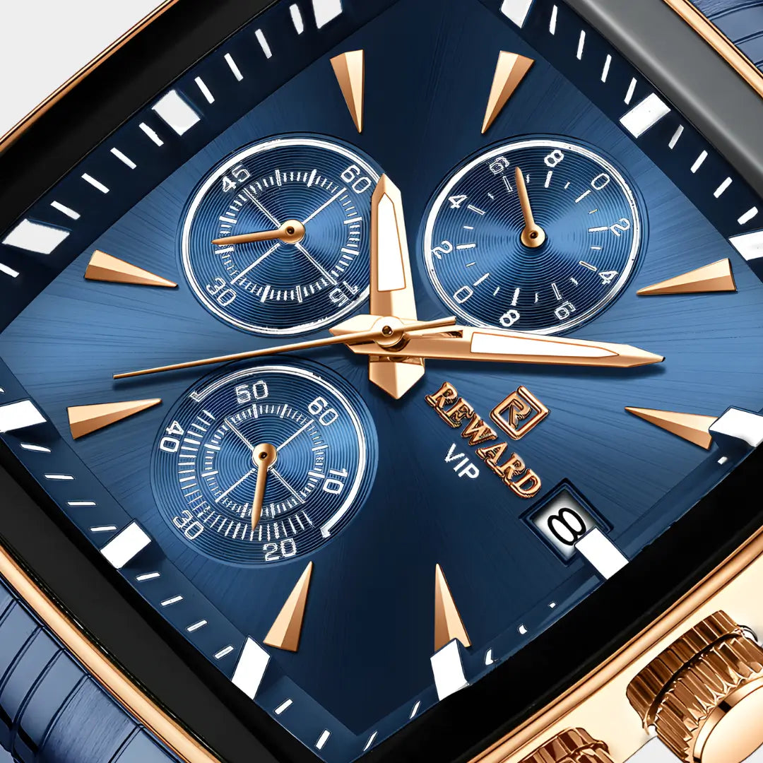Relógio quadrado masculino de perfil social Monaco Chronograph visto do mostrador azul