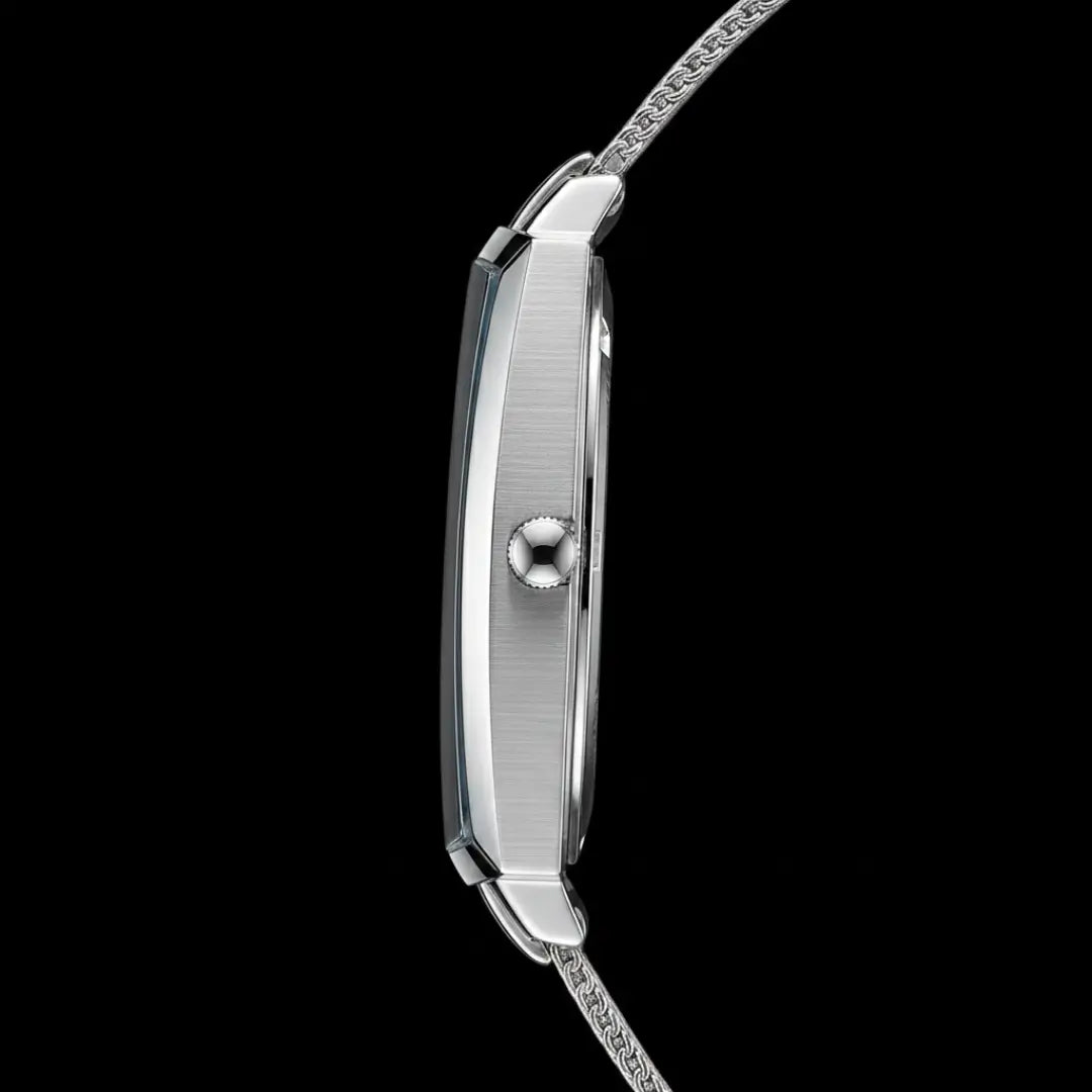 Relógio quadrado masculino social prata Monaco Date 37mm com vista lateral centralizado