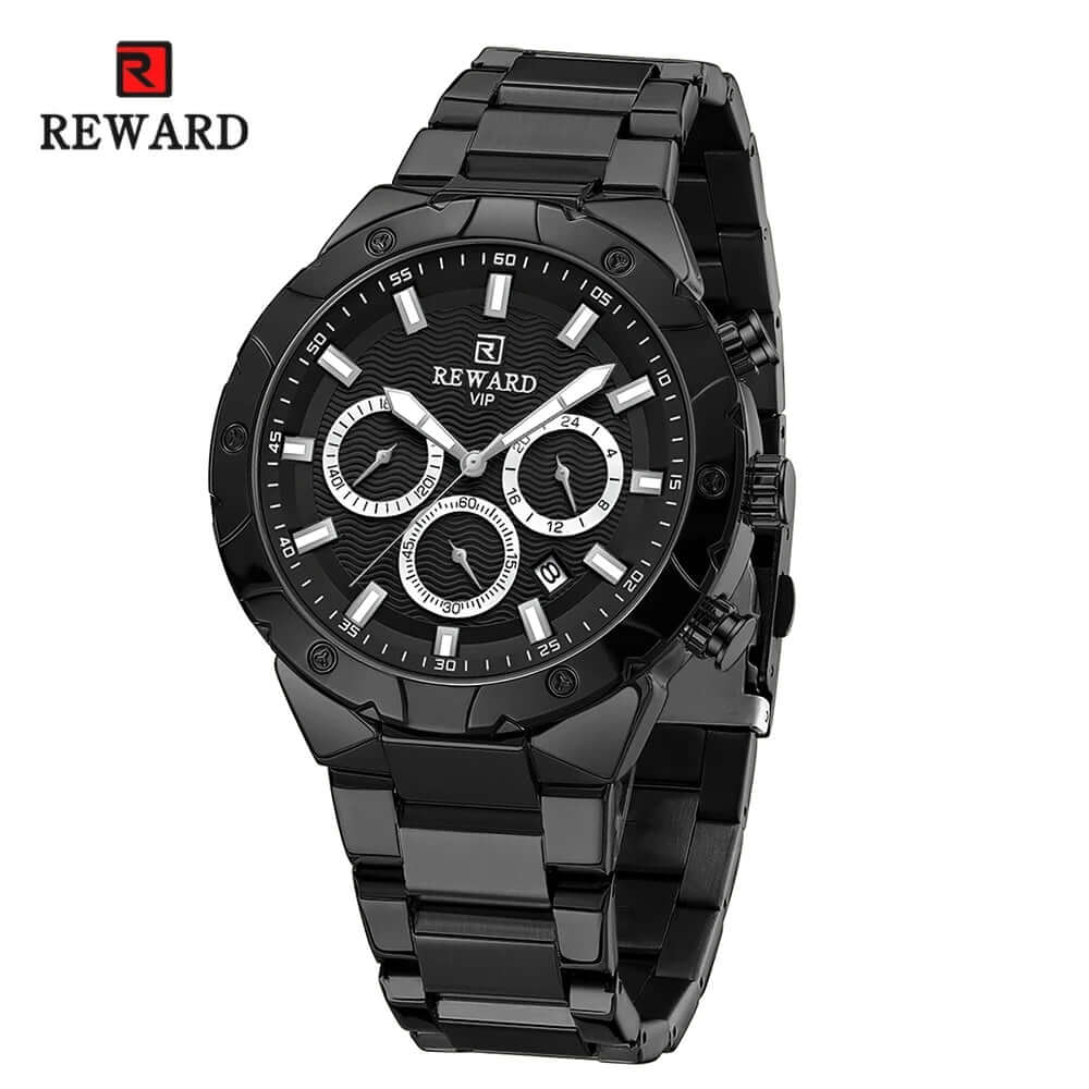 Relógio masculino REWARD VIP Legacy com pulseira de aço inoxidável preto e mostrador preto com cronógrafos detalhados em prata.