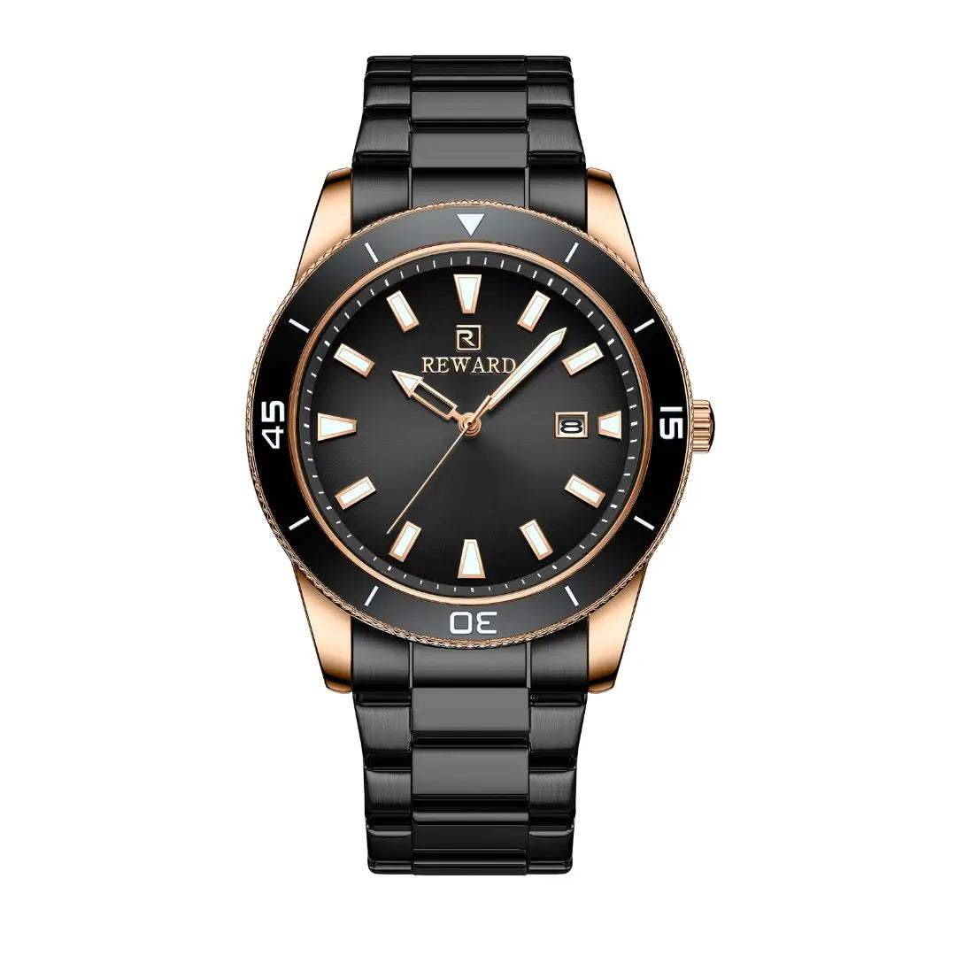 Relógio masculino preto e dourado Reward VIP Heritage com movimento quarto Seiko