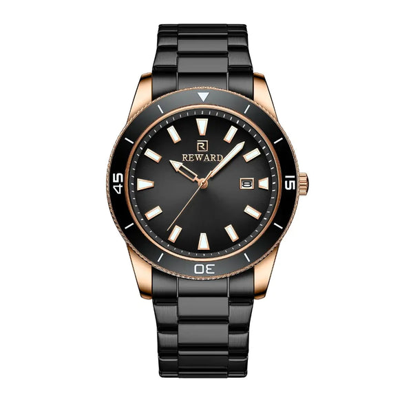 Relógio masculino preto e dourado Reward VIP Heritage com movimento quarto Seiko
