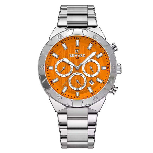 Relógio masculino REWARD VIP Legacy com pulseira de aço inoxidável prateada e mostrador laranja com cronógrafos.
