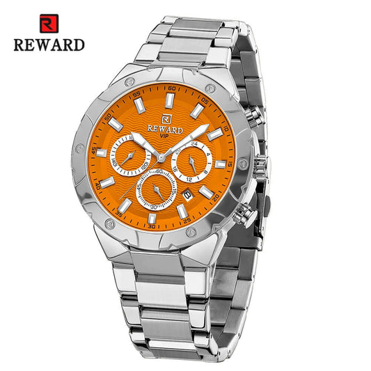 Relógio masculino REWARD VIP Legacy com pulseira de aço inoxidável prateada e mostrador laranja com cronógrafos.